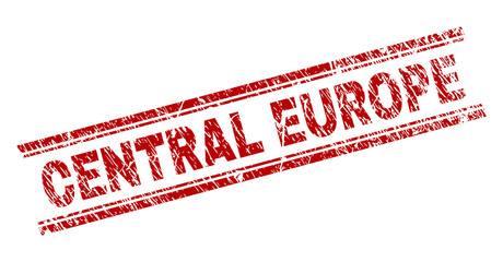 CENTRAL EUROPE seal watermark with corroded texture. Red vector rubber print of CENTRAL EUROPE caption with corroded texture. Text caption is placed between double parallel lines.