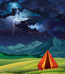 Summer camp - tent, grass, mountain, lightning and night sky.