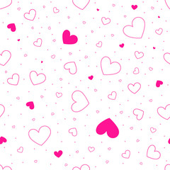 Vector seamless pattern of scattered pink hearts on a white background. Illustration of hand-drawn shapes of various sizes.