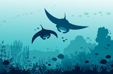 Two mantas, coral reef and fishes on a sea. Underwater ocean.