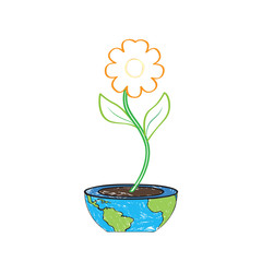 Sketch of a flower on a flower pot with an Earth map. Earth day. Vector illustration design