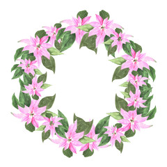 Poinsettia flower. Christmas Star watercolor. Hand painted sketch winter Merry Christmas and Happy New Year. Round banner.