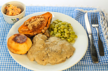 Chicken Fried Steak on Blue Gingham with Sweet Potato and Lima Beans