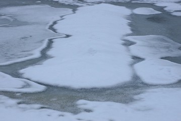 natural texture of white snow and gray ice on the pond