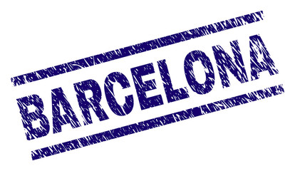 BARCELONA seal print with grunge style. Blue vector rubber print of BARCELONA label with retro texture. Text label is placed between parallel lines.