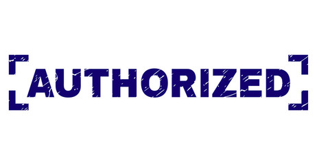 AUTHORIZED text seal print with distress texture. Text title is placed inside corners. Blue vector rubber print of AUTHORIZED with retro texture.