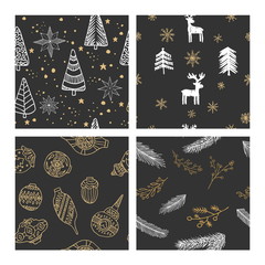 Beautiful seamless Christmas and winter patterns, drawn by hand. Many festive elements and patterns. Vector graphics and illustration.