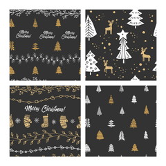 Beautiful seamless Christmas and winter patterns, drawn by hand. Many festive elements and patterns. Vector graphics and illustration.