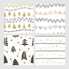 Beautiful seamless Christmas and winter patterns, drawn by hand. Many festive elements and patterns. Vector graphics and illustration.