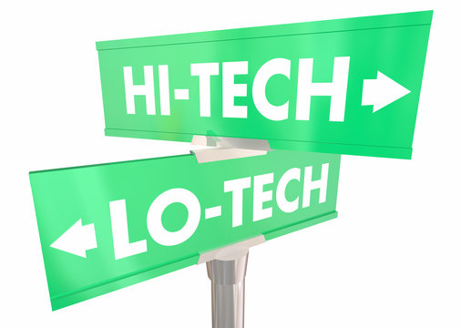 Hi-Tech Vs Lo Technology Two 2 Way Street Signs 3d Illustration