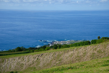 panoramic view of the ocean from a high hill in portugal, azores island