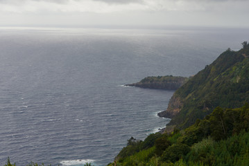 panoramic view of the ocean from a high hill in portugal, azores island