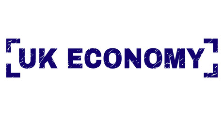 UK ECONOMY text seal print with grunge texture. Text label is placed inside corners. Blue vector rubber print of UK ECONOMY with scratched texture.