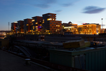 Obraz premium Holesovice above River Vltava in Night, the most cool district of Prague, and its Harbor, Czech Republic