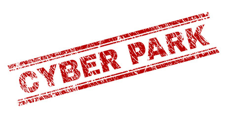 CYBER PARK seal print with grunge texture. Red vector rubber print of CYBER PARK label with grunge texture. Text title is placed between double parallel lines.