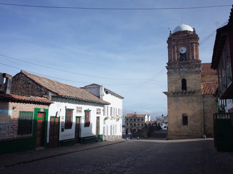 The Basilica of Mongui in the central plaza, Boyaca, Colombia
