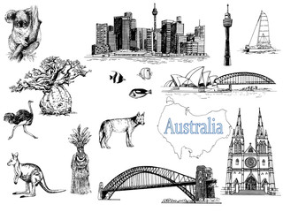 Set of hand drawn sketch style Australia themed objects isolated on white background. Vector illustration.
