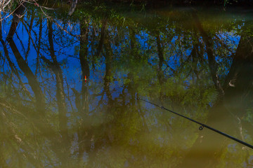 Fishing rod with a float while fishing in the forest river