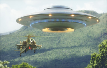Naklejka na ściany i meble Military helicopter intercepting an unidentified flying object. Concept image of non-pacific invasion of beings from other planets.
