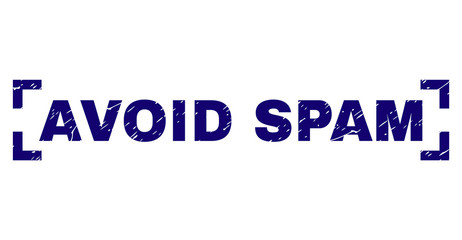 AVOID SPAM text seal print with grunge style. Text caption is placed between corners. Blue vector rubber print of AVOID SPAM with dust texture.