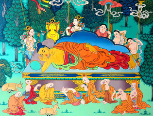 Obraz na płótnie Canvas eautiful wall painting presenting Buddha’s life in Tashi Rabten Ling Monastery Center For Buddhist Monastic Studies at Lumbini, Nepal