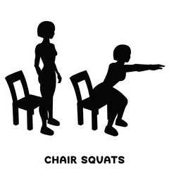 Chair squats. Squat. Sport exersice. Silhouettes of woman doing exercise. Workout, training.