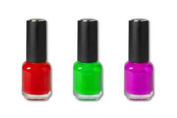 Obraz premium Beauty, fashion and nail art. Manicure art cosmetic tools, three bottles of colorful gel nail polish. mock up