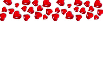 Red glossy hearts on white background with copy space, mock up. Valentine's day, love, romance concept