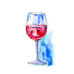 Glass of a red wine.Picture of a alcoholic drink.Watercolor hand drawn illustration.White background.