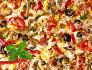 Whole supreme pizza detail with mint leaves isolated on white background