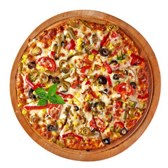 Whole round supreme pizza with mint leaves on wooden plate isolated on white background