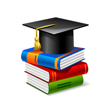 Sheaf of colorful books with square academic cap on top of it. Vector flat design style illustration. Academic monkey in square academic cap is sitting on books