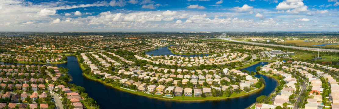Aerial panorama residential neighborhood homes Pembroke Pines real estate