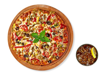 Whole round supreme pizza with mint and coke or cola glass leaves isolated on white background