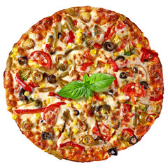 Whole round supreme pizza with mint leaves isolated on white background