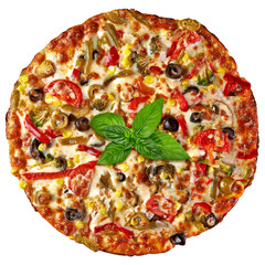 Whole round supreme pizza with mint leaves isolated on white background