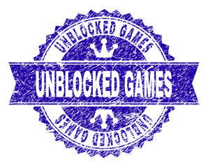 UNBLOCKED GAMES rosette seal watermark with distress effect. Designed with round rosette, ribbon and small crowns. Blue vector rubber watermark of UNBLOCKED GAMES text with retro style.