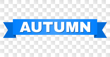 AUTUMN text on a ribbon. Designed with white caption and blue stripe. Vector banner with AUTUMN tag on a transparent background.