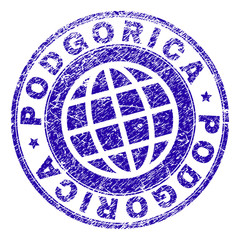PODGORICA stamp print with grunge texture. Blue vector rubber seal print of PODGORICA text with dirty texture. Seal has words placed by circle and globe symbol.