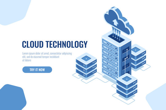 Server room, datacenter isometric icon, on white background, cloud technology computing, data database transfer vector