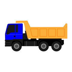 Fototapeta na wymiar Icon blue dump truck with yellow body on white background