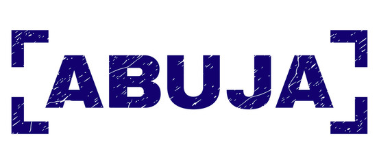 ABUJA text seal print with distress texture. Text caption is placed between corners. Blue vector rubber print of ABUJA with scratched texture.