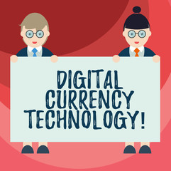 Text sign showing Digital Currency Technology. Conceptual photo currency available in digital or electronic form Male and Female in Uniform Standing Holding Blank Placard Banner Text Space