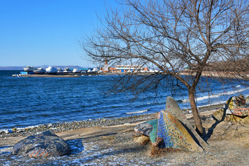 Vladivostok, Russia.  Sports embankment in Vladivostok in winter. Not typical for January open water in the Amur Bay