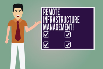 Word writing text Remote Infrastructure Management. Business concept for Managing of computer hardware and software Man with Tie Standing Talking Presenting Blank Color Square Board photo