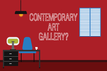 Conceptual hand writing showing Contemporary Art Galleryquestion. Business photo text Private forprofit commercial gallery Minimalist Interior Computer and Study Area Inside a Room