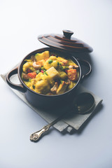 Navratan Korma is a rich, creamy and flavorful Mughlai dish  from India that literally translates to nine-gem curry. The “gems” are the fruits, vegetables and nuts that make up the curry. 