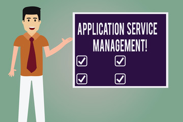 Word writing text Application Service Management. Business concept for process of maintaining the operation Man with Tie Standing Talking Presenting Blank Color Square Board photo