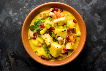 Navratan Korma is a rich, creamy and flavorful Mughlai dish  from India that literally translates to nine-gem curry. The “gems” are the fruits, vegetables and nuts that make up the curry. 