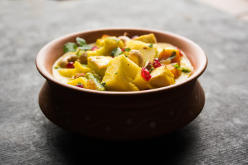 Navratan Korma is a rich, creamy and flavorful Mughlai dish  from India that literally translates to nine-gem curry. The “gems” are the fruits, vegetables and nuts that make up the curry. 